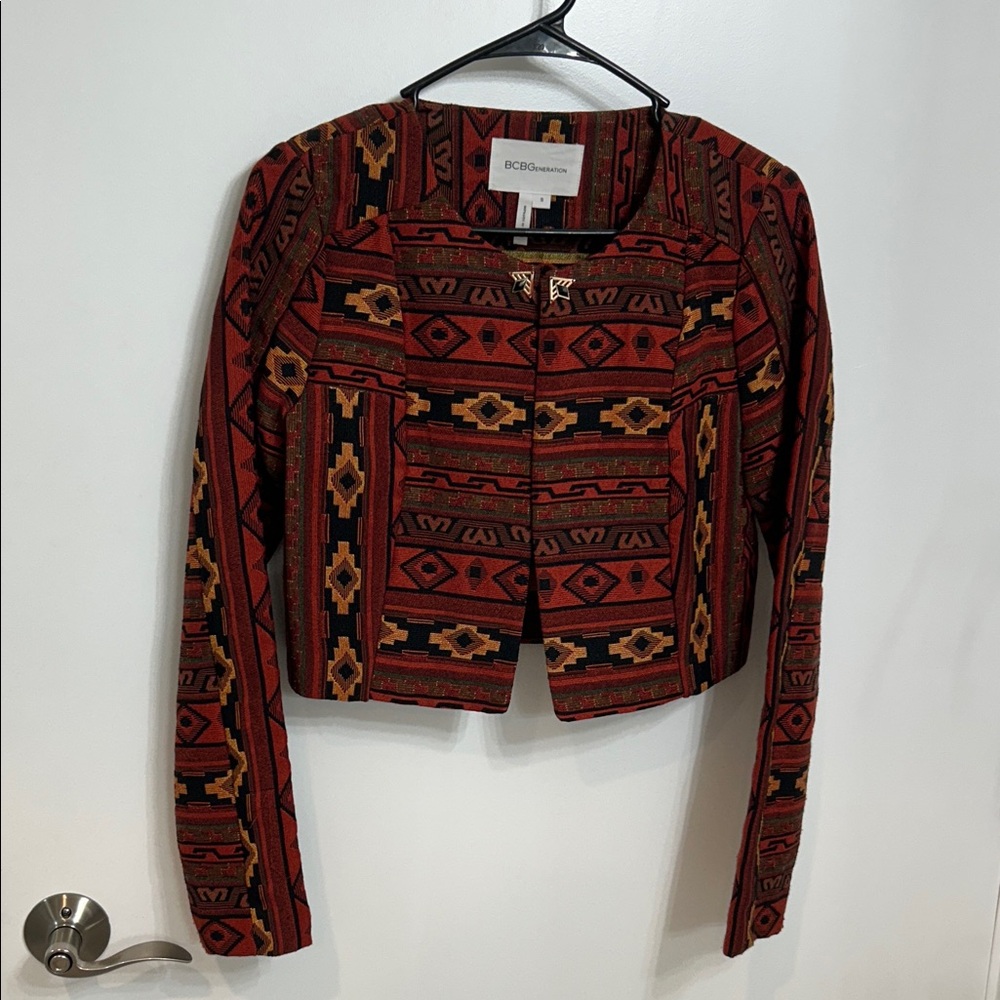 BCBGeneration Red and Black Crop Geometric Blazer